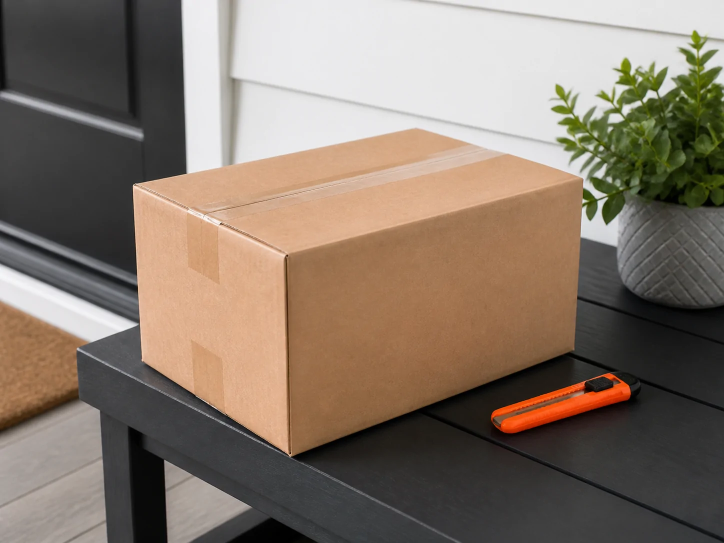 Illustrative sealed parcel with tape and corners visible on a residential bench.