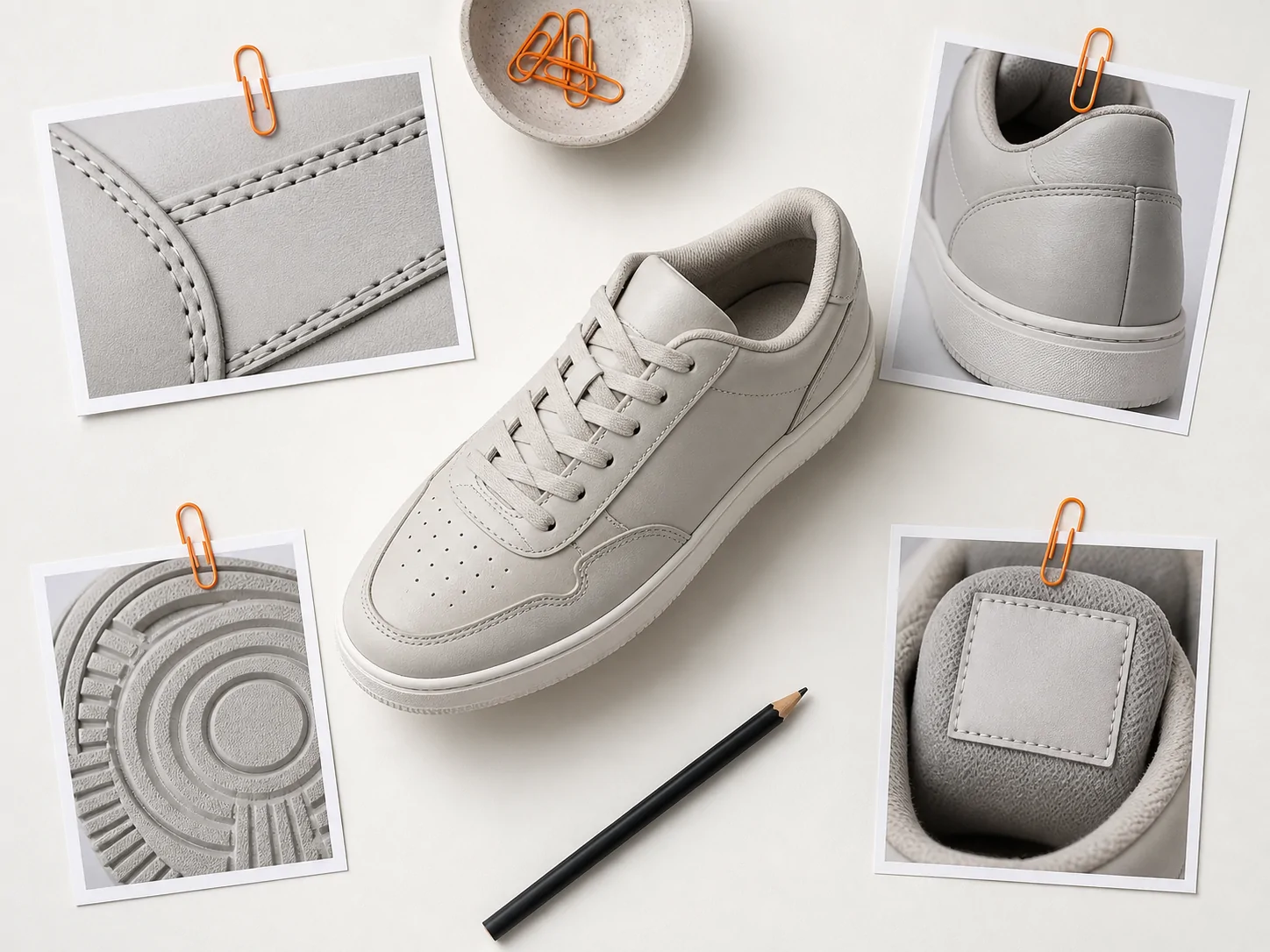 Illustrative unbranded sneaker surrounded by close-detail prints.