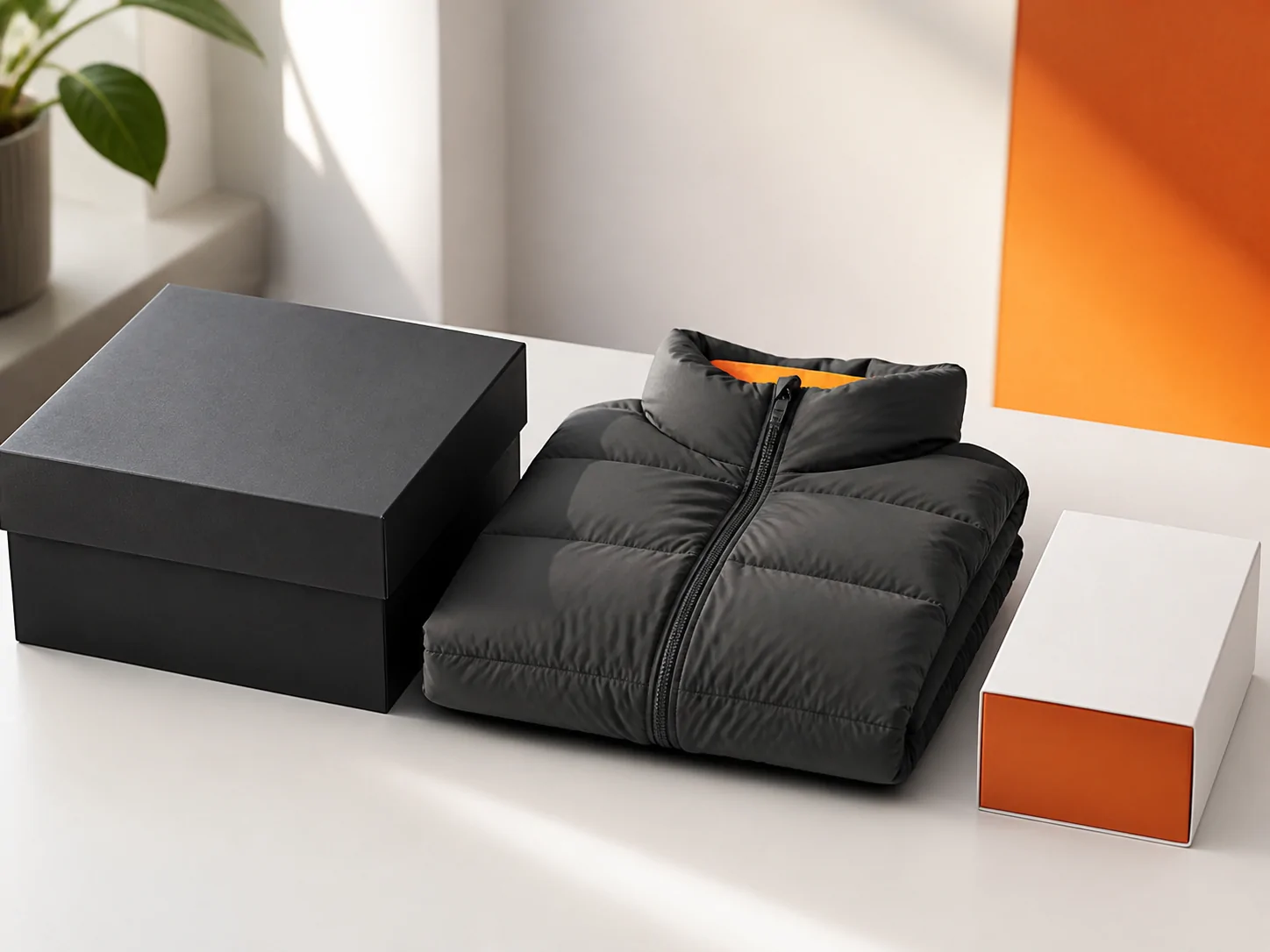 Illustrative shoe box, folded puffer jacket and small carton arranged to show different shapes.