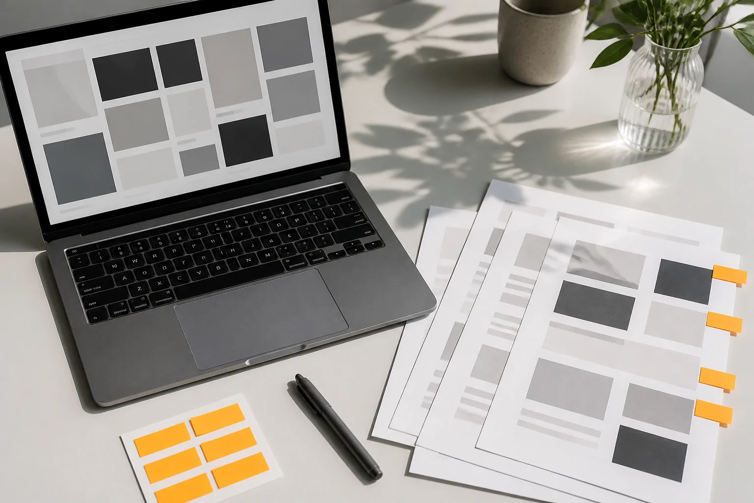 Illustrative research desk with an abstract product-card grid, blank source sheets and orange date tabs.