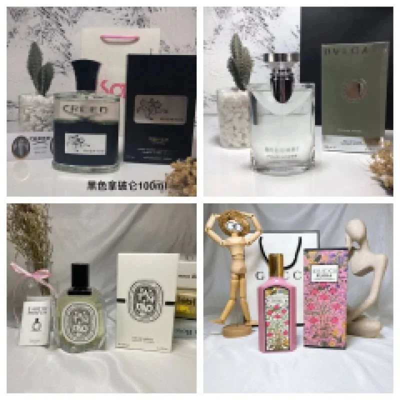 A four-panel collage of perfume bottles in a W2C listing photo.